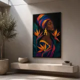 Afro Woman in Colorful Headwrap with Bird of Paradise Metal Wall Art