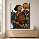 Southwestern Woman Holding Decorative Pottery Colorful Metal Wall Art