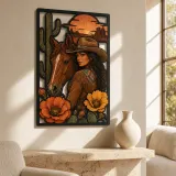Cowgirl with Horse Poppies and Desert Cactus Colorful Metal Wall Art