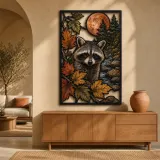 Raccoon in Autumn Forest under Copper Moon Colorful Metal Wall Art