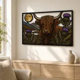 Highland Cow with Scottish Thistles and Full Moon Colorful Metal Wall Art