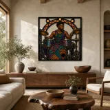Batterista Nero che Si Esibisce in Stile Art Deco Colorato Insegna in Metallo