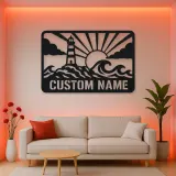 Personalized Lighthouse Metal Wall Art with Ocean Waves