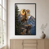 Bighorn Ram on Mountain Cliff at Sunset Colorful Metal Wall Art