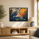Great Blue Heron in Sunset Pond with Cattails Colorful Metal Wall Art