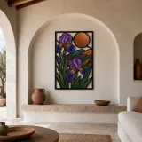 Purple Iris Flowers in Mountain Landscape Colorful Metal Wall Art