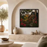 Stone Cottage Covered in Climbing Red Roses Colorful Metal Wall Art