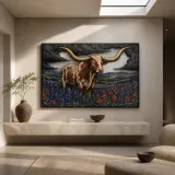 Texas Longhorn in Bluebonnet Field beneath Storm Clouds Colorful Metal Wall Art