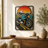Vintage Motorrad auf Bergstraße bei Sonnenuntergang Farbige Metall-Wandkunst