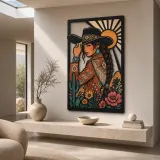 Cowgirl Portrait with Cactus and Desert Wildflowers Colorful Metal Wall Art
