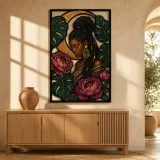 Braided Afro Woman with Peonies and Monstera Leaves Colorful Metal Wall Art