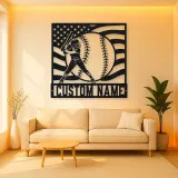Personalized Softball Player and American Flag Metal Wall Art
