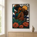 Black Cowgirl with Bison and Protea Flowers Colorful Metal Wall Art