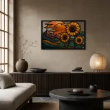 Sunflowers with Mountain Landscape at Sunset Colorful Metal Wall Art