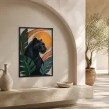 Black Panther with Tropical Leaves and Golden Sun Colorful Metal Wall Art
