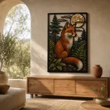 Red Fox in Pine Forest under Full Moon Colorful Metal Wall Art