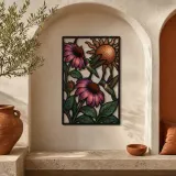 Hummingbirds with Purple Coneflowers and Copper Sun Colorful Metal Wall Art