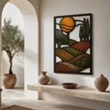 Mid Century Rolling Hills with Golden Sun Colorful Metal Wall Art