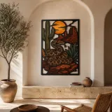 Rattlesnake with Cactus beneath Desert Sunset Colorful Metal Wall Art