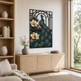 Peacock with Magnolia Flowers in Art Deco Frame Colorful Metal Wall Decor