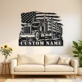 Personalized Logging Semi Truck Metal Wall Art with American Flag