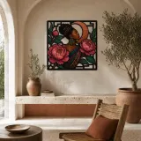 Afro Woman with Pink Peonies and Copper Moon Colorful Metal Wall Art