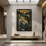 Largemouth Bass Leaping from Lake at Sunrise Colorful Metal Wall Art