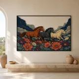Three Wild Horses Running through Desert Flowers Colorful Metal Wall Art
