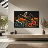 Pelican by Ocean Waves with Hibiscus Flowers Colorful Metal Wall Art