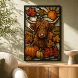 Highland Cow with Pumpkins and Autumn Leaves Colorful Metal Wall Art