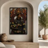 Black Firefighter with Helmet before Flame Emblem Colorful Metal Wall Art