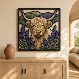 White Highland Cow with Lavender and Mountains Colorful Metal Wall Art
