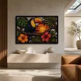 Toucan with Tropical Hibiscus at Sunset Colorful Metal Wall Art