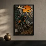 Motocross Rider Climbing a Forest Trail Colorful Metal Wall Art