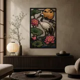 Crane in Lotus Pond beneath Copper Moon Colorful Metal Wall Art