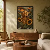 Golden Retriever mit Sonnenblumen bei Sonnenuntergang - Bunte Metall-Wandkunst
