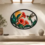 Hummingbird with Orange Trumpet Vine Flowers Colorful Metal Wall Art
