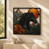 Black Horse with Mountains and Copper Sunset Colorful Metal Wall Art