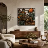 Insegna in metallo colorata con tartaruga del deserto tra agave e fiori di cactus