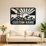 Personalized Lighthouse Metal Wall Art with Ocean Waves