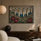 Historic Stone Aqueduct with Peonies and Mountain View Colorful Metal Wall Art