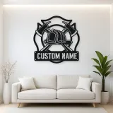 Personalized Firefighter Helmet Metal Wall Art with Crossed Axes