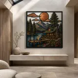 Rustic Log Cabin on Mountain Lake at Sunset Colorful Metal Wall Art