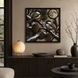 Chickadee Pair on Snowy Pine beneath Full Moon Colorful Metal Wall Art