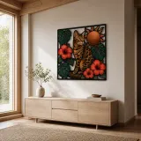 Bengal Cat with Tropical Hibiscus and Sun Colorful Metal Wall Art