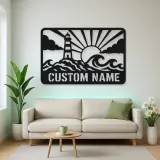Personalized Lighthouse Metal Wall Art with Ocean Waves