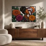 Donna Afro con Dahlie Colorate e Cerchi di Rame Arte Murale in Metallo