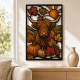 Highland Cow with Pumpkins and Autumn Leaves Colorful Metal Wall Art