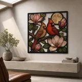 Cardinal Pair among Magnolia Blossoms and Full Moon Colorful Metal Wall Art