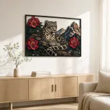 Snow Leopard with Peonies in Mountain Landscape Colorful Metal Wall Art